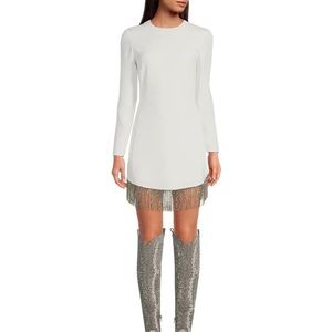 White Gianni Bini rhinestone fringe crew neck long sleeve dress